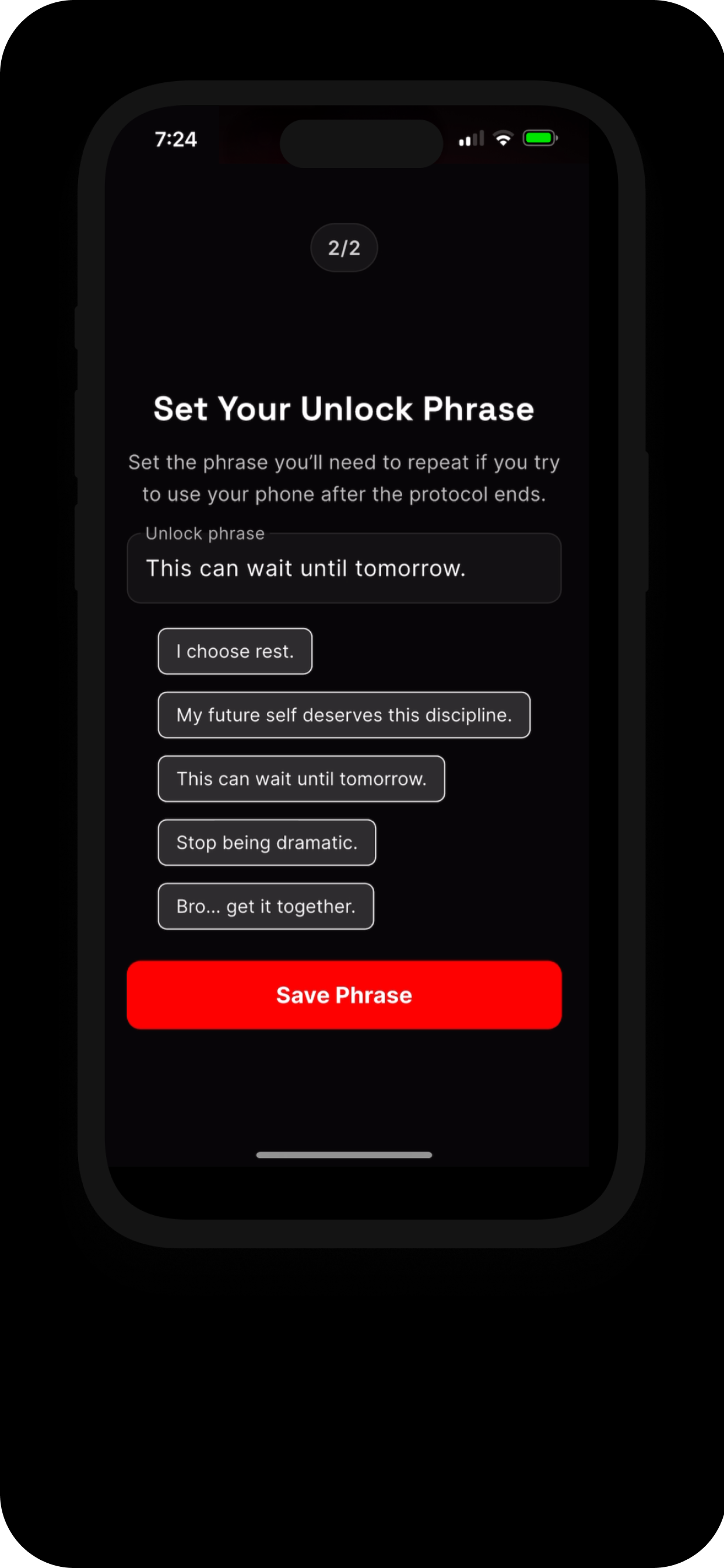 Set Your Unlock Phrase screen — choose a personal phrase like "This can wait until tomorrow"
