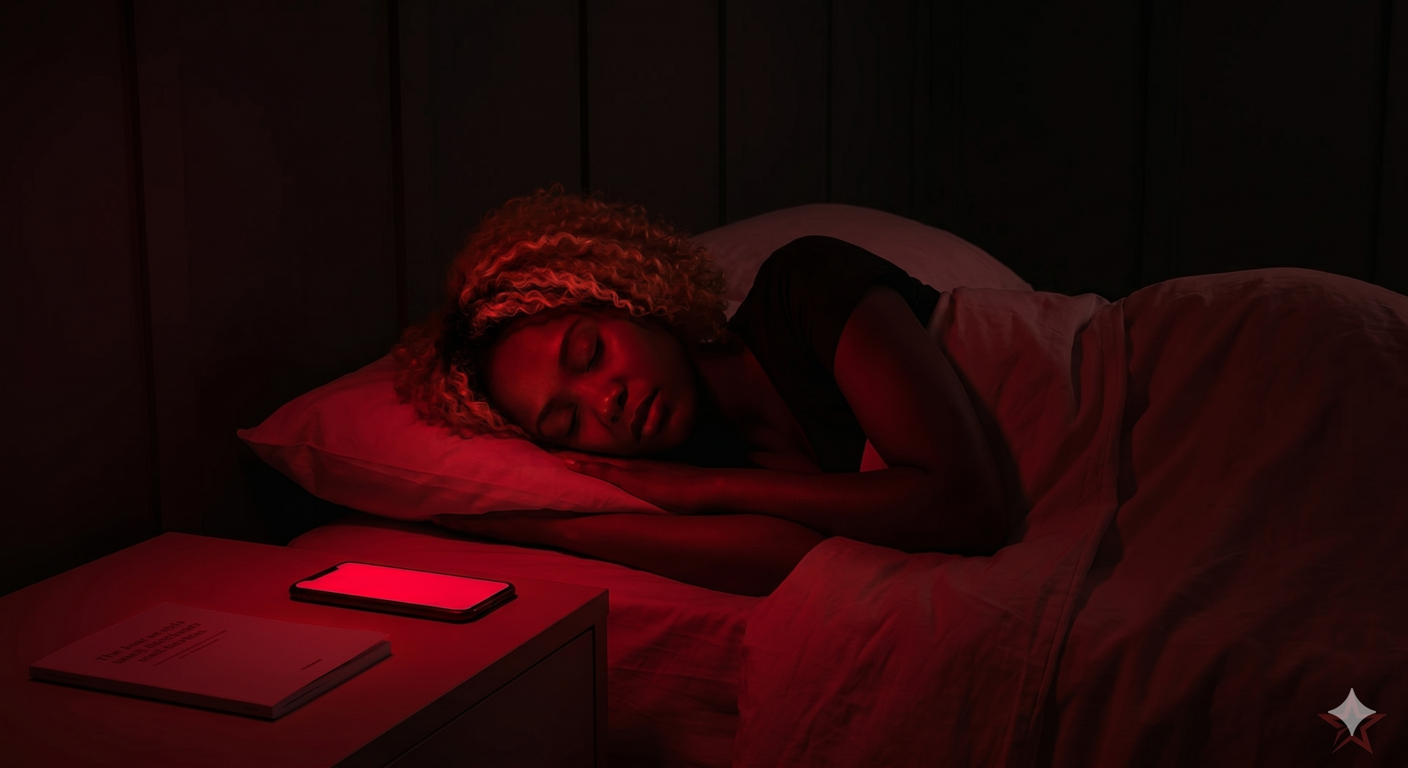 Person sleeping peacefully with REDIVO's red light glowing softly from their phone on the nightstand
